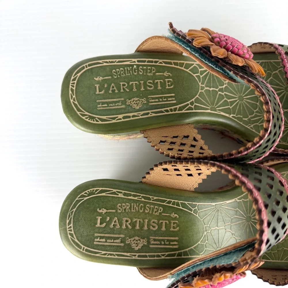 Spring Step L'Artiste Lona Green Leather Floral Wedge Sandals Slides EU 38